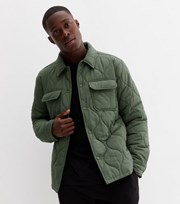 New Look Khaki Quilted Collared Pocket Front Overshirt